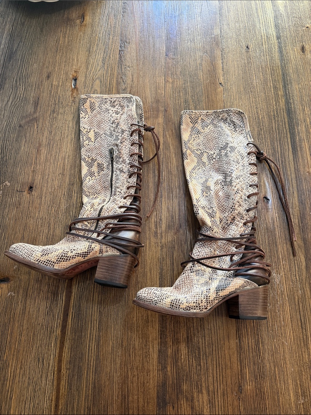 Freebird by Steven Snake-Print Lace-Up Mid-Calf Boots in Brown and Cream, Coal